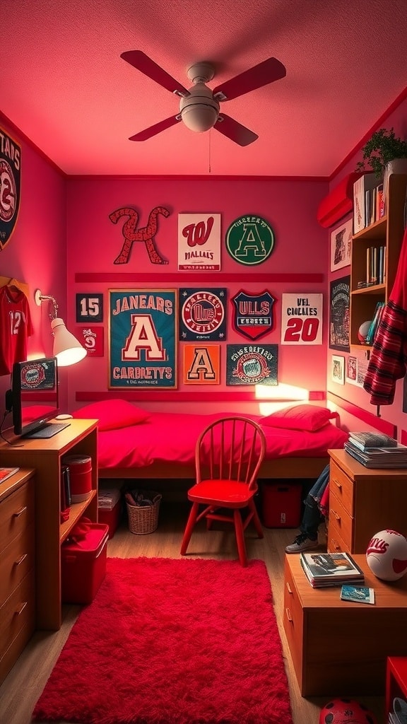 A sporty dorm room decorated in red with team jerseys, a red bedspread, and wooden furniture.