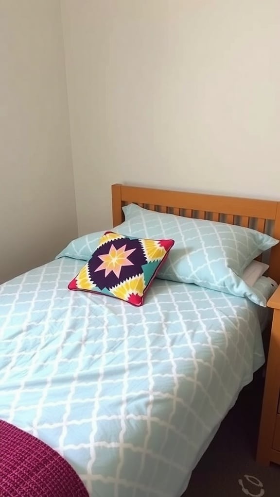 A dorm room bed with light blue geometric bedding and a colorful accent pillow.