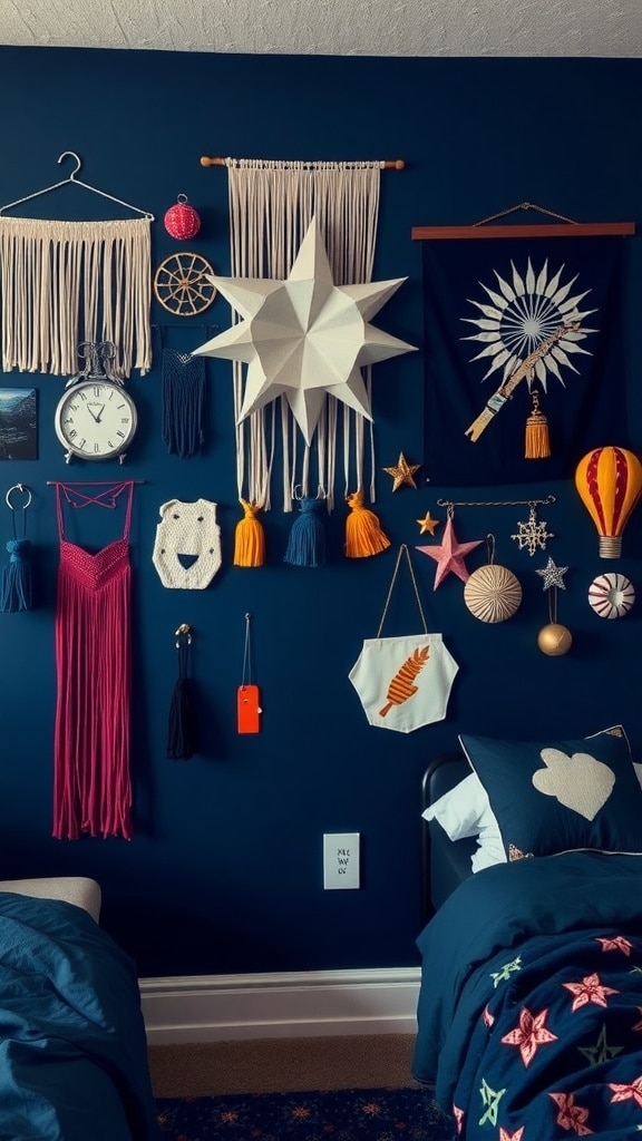 A wall decorated with various artistic hangings, including macramé, a star lamp, and colorful accents, against a navy blue background.