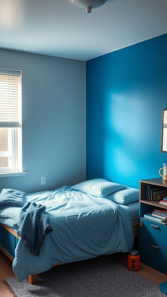 A dorm room featuring a slate blue accent wall, light blue bedding, and a cozy atmosphere.