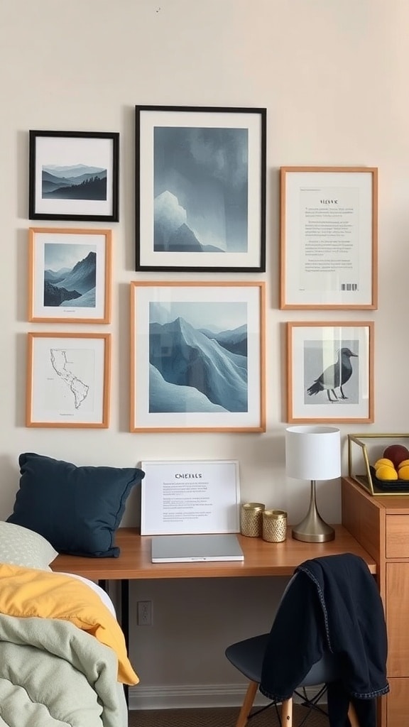 Wall art featuring slate blue accents in a dorm room setting
