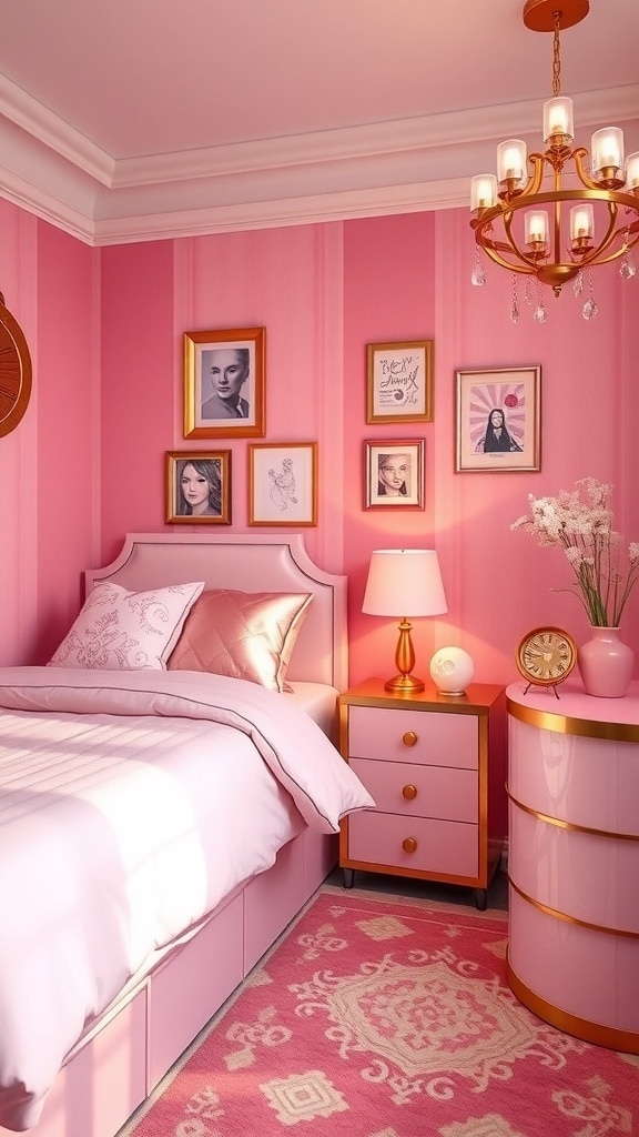 A beautifully decorated pink dorm room featuring gold accents, stylish bedding, and framed artwork.