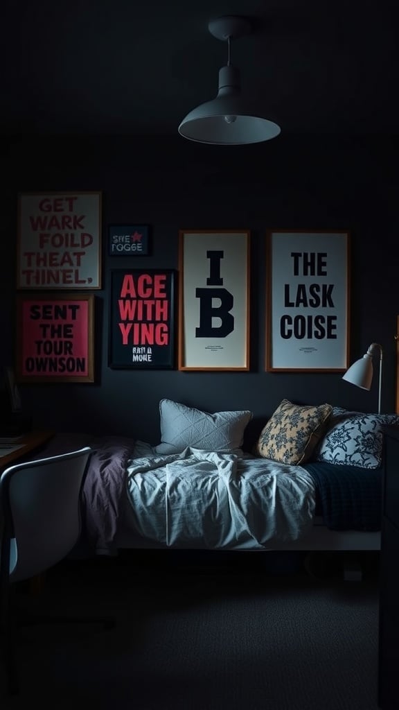 A dark dorm room featuring a collection of bold wall art above a bed, creating a stylish and personalized atmosphere.