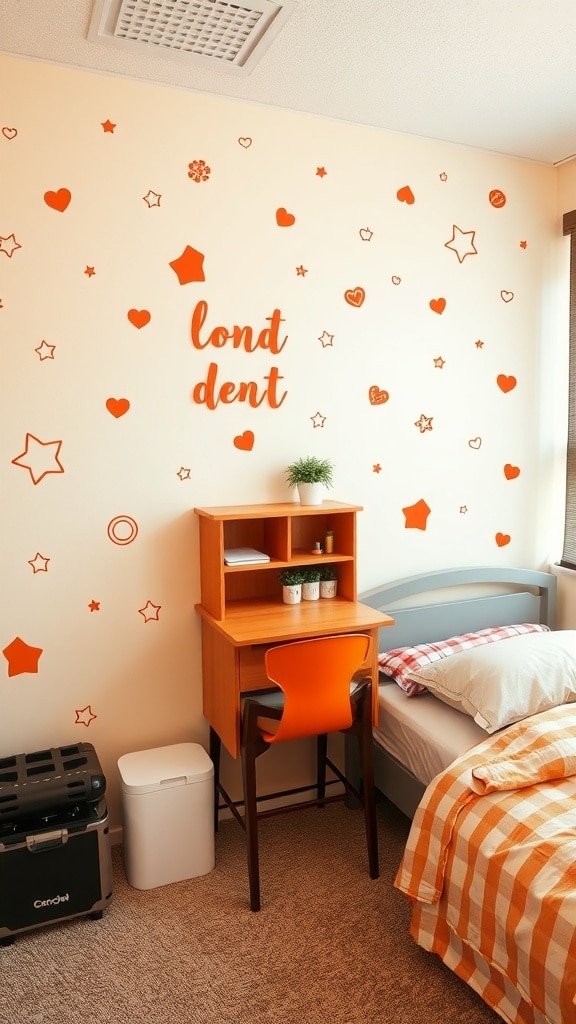 A dorm room with orange wall decals including stars and hearts, featuring a desk and bed.