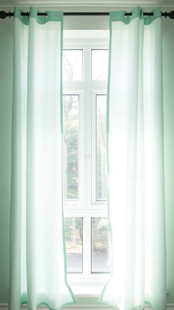 Mint green sheer curtains hanging in a bright room