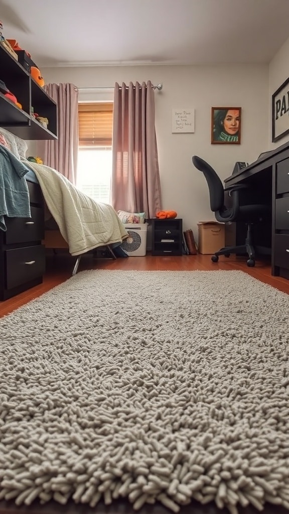 A cozy textured gray rug in a dorm room, contrasting with wooden flooring.