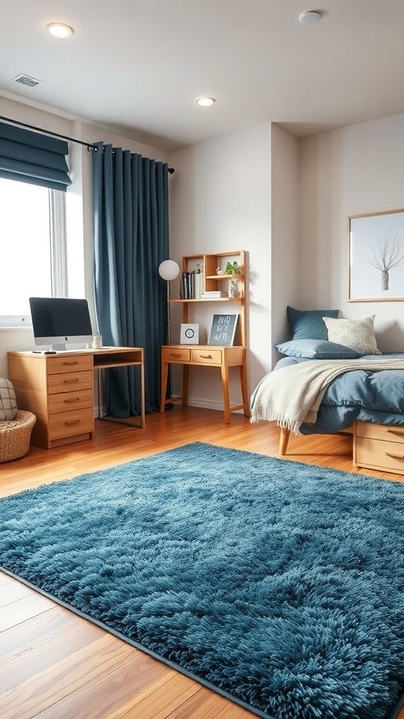 A cozy dorm room featuring a slate blue shag rug, wooden furniture, and soft decor.