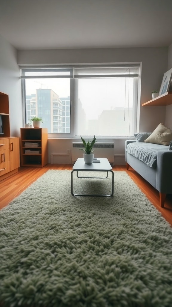 A cozy dorm room featuring a sage green area rug, gray sofa, and wooden furniture.