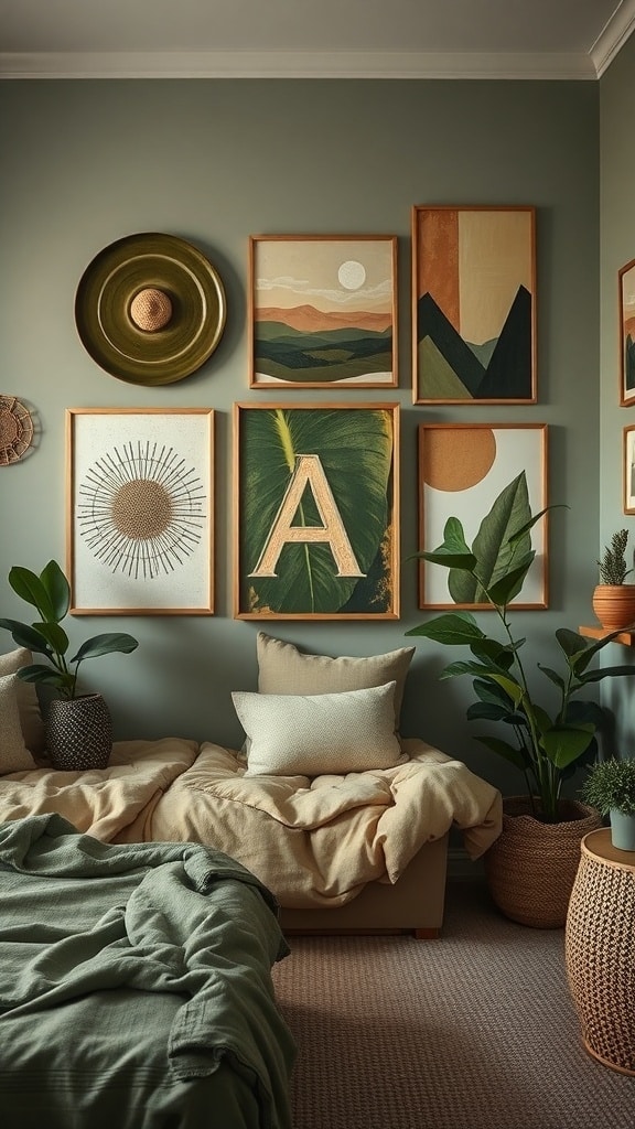Artisan wall art in an olive green dorm room featuring framed art pieces and natural decor.