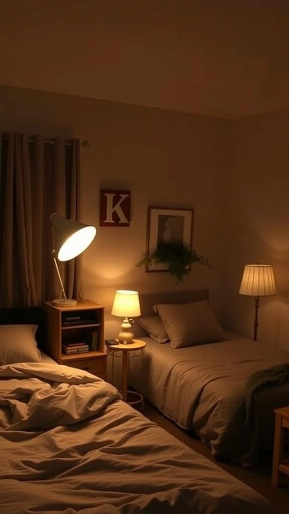 A dimly lit dorm room with taupe bedding and warm accent lighting from various lamps.