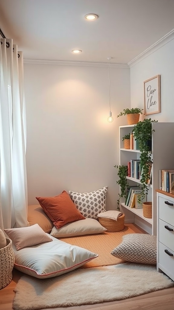 Cozy reading nook with floor cushions, plants, and a bookshelf.