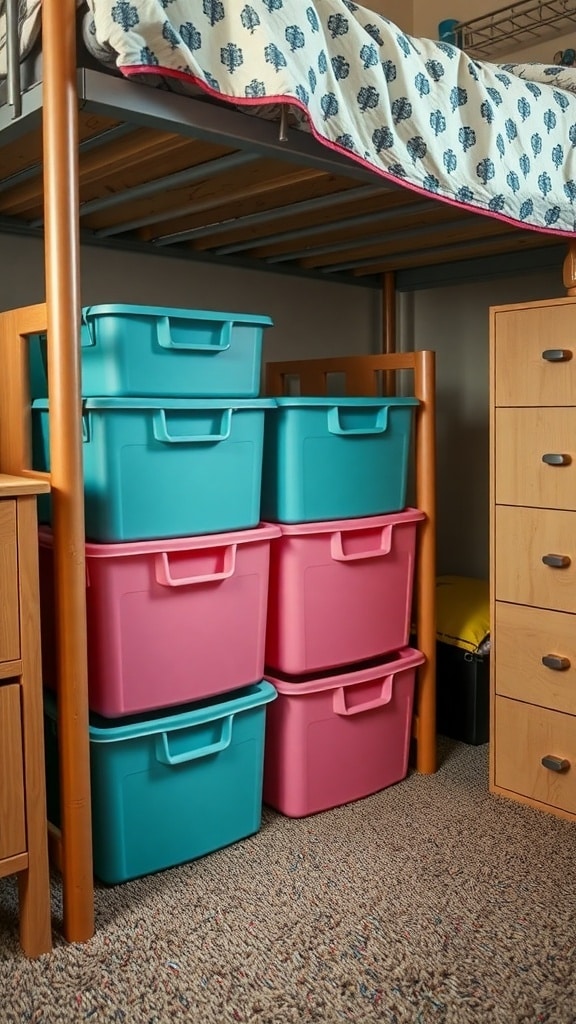 Mint and pink storage bins stacked under a lofted bed in a dorm room