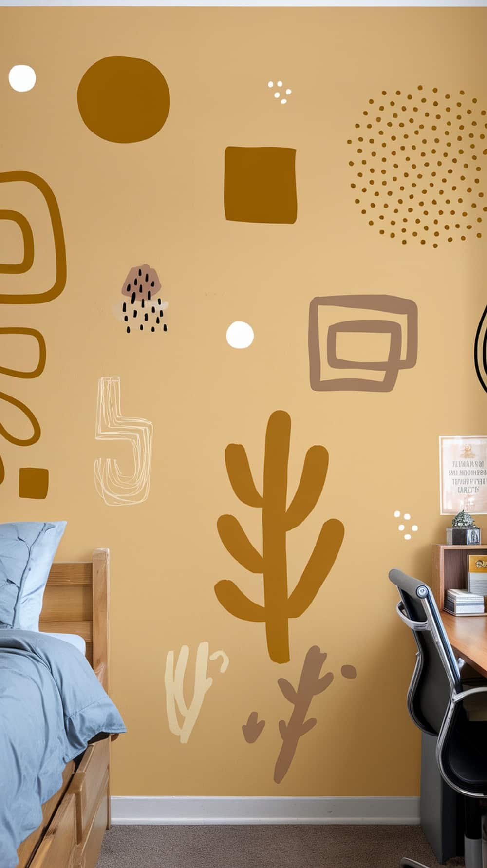 A cozy dorm room with mustard yellow wall decals, featuring stars, a hot air balloon, and the word 'windle' on the wall.