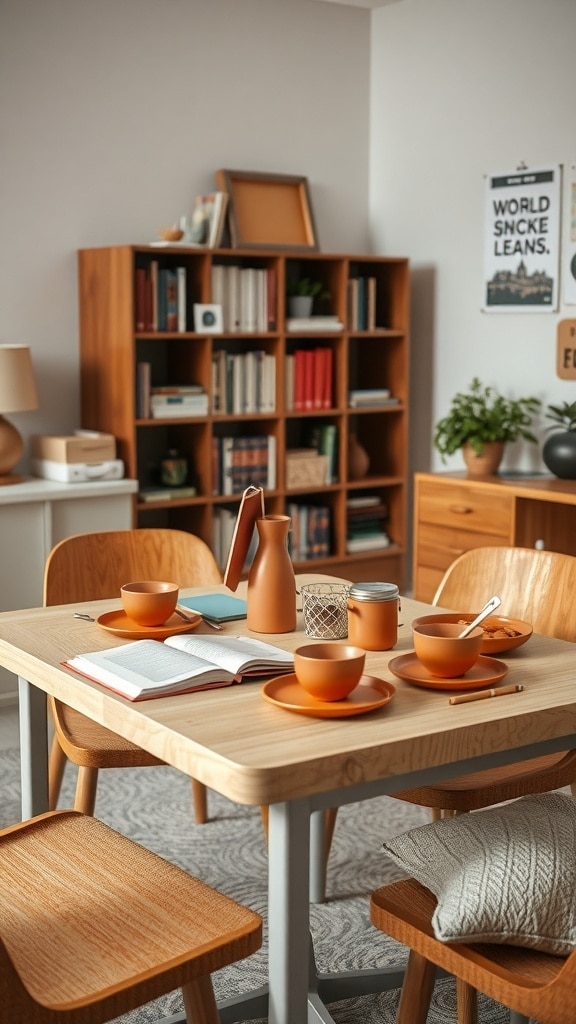 A cozy study area featuring terracotta tableware on a wooden table, with snacks and books.