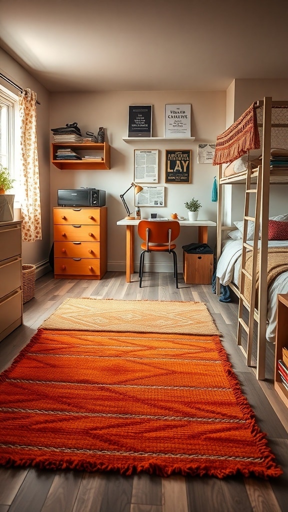A cozy dorm room featuring layered terracotta rugs, a desk, and a bunk bed.