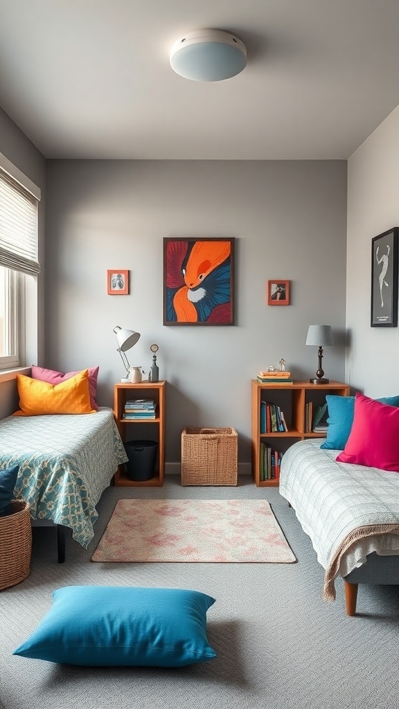 A modern gray dorm room with colorful accents including pillows and artwork.