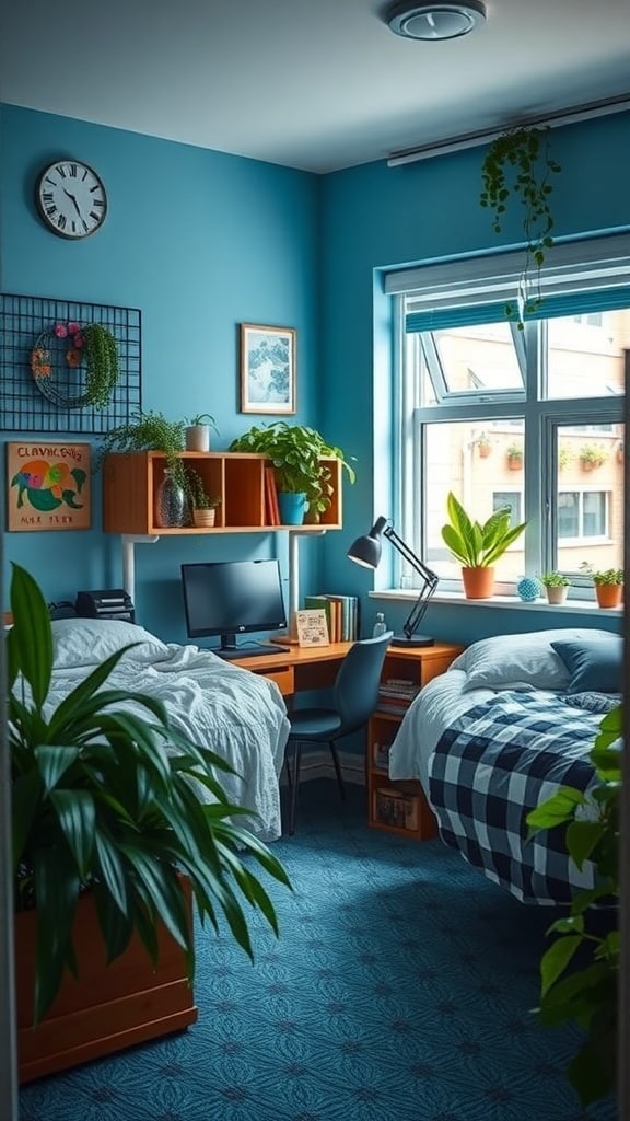 A cozy dorm room with peacock blue walls and various plants, showcasing a vibrant and refreshing atmosphere.