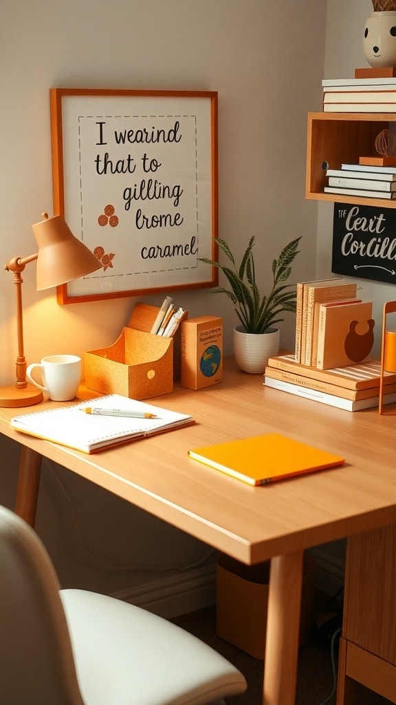 A cozy caramel-themed desk setup featuring a lamp, framed quote, notebooks, and plants.