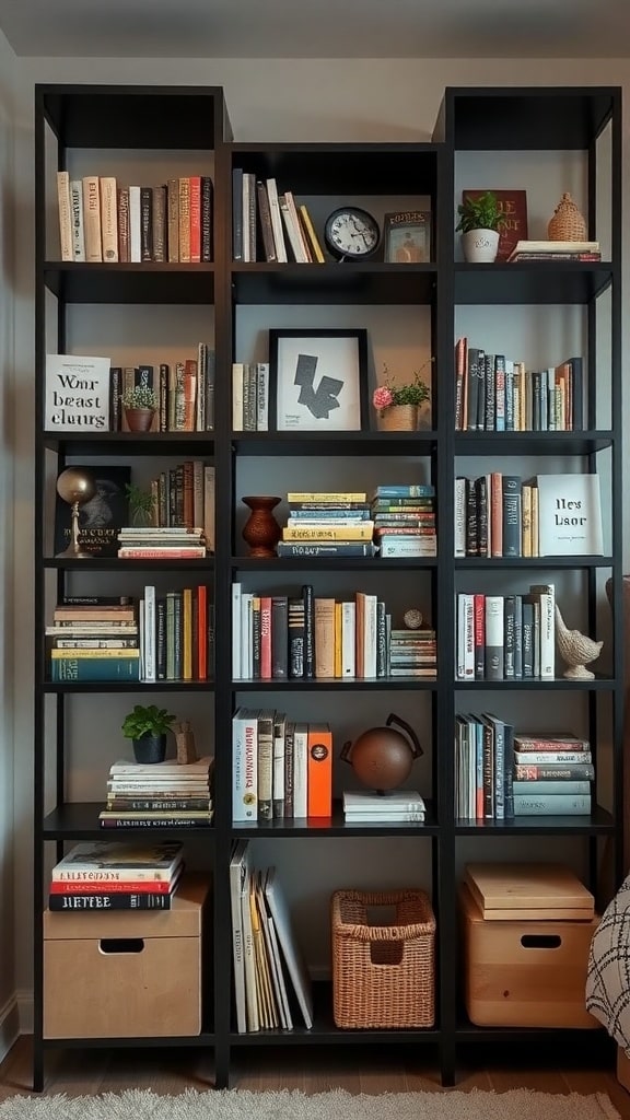 A stylish black bookshelf filled with books, decorative items, and plants, showcasing organized storage in a minimalist dorm room.