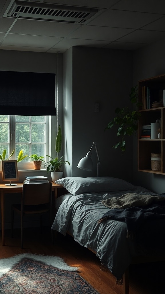 A cozy dark dorm room featuring a bed, desk, and several indoor plants by the window.