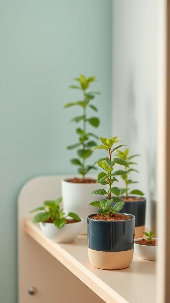 Mint plants in decorative pots on a shelf