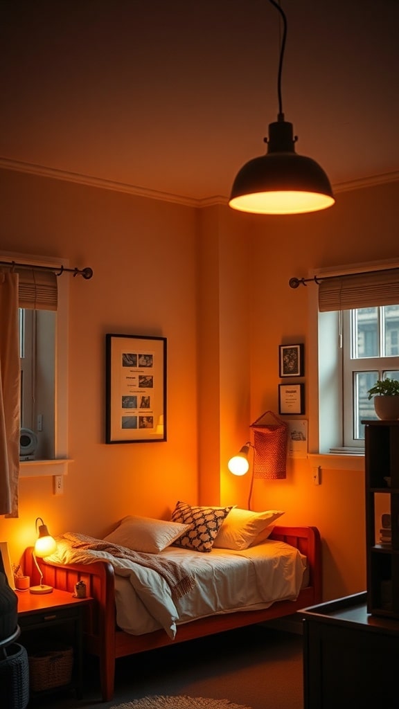 Cozy dorm room with warm lighting fixtures, featuring a bed and decorative elements.