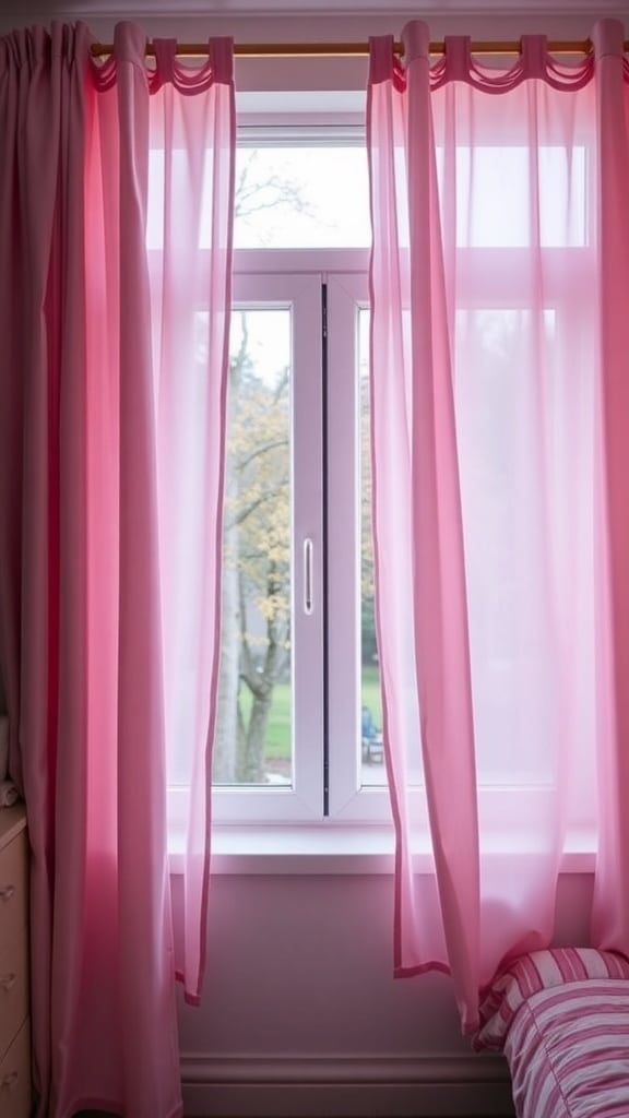 Pink sheer curtains hanging in a dorm room window