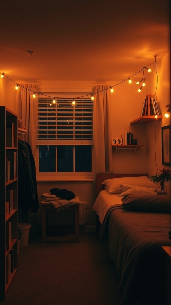A cozy dorm room with warm string lights illuminating the space.