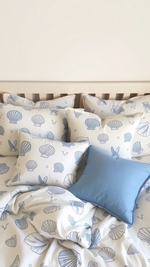 Bedding with shell patterns and blue pillows on a bed