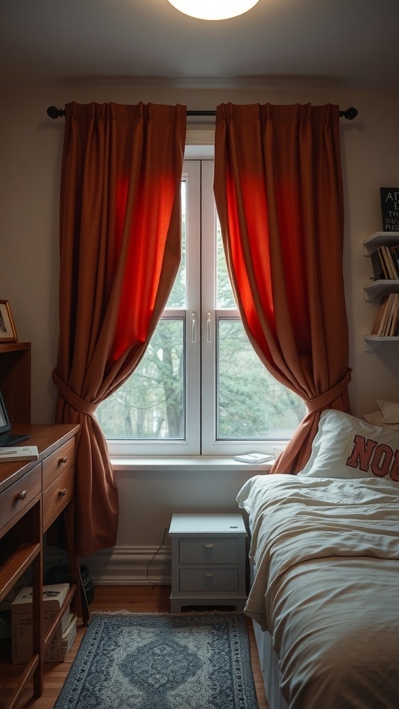 A cozy dorm room featuring burnt sienna curtains around a window, with a bed and wooden furniture.