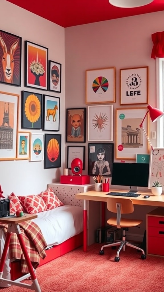 A red-themed dorm room with a gallery wall featuring various artworks, a bed, and a workspace.