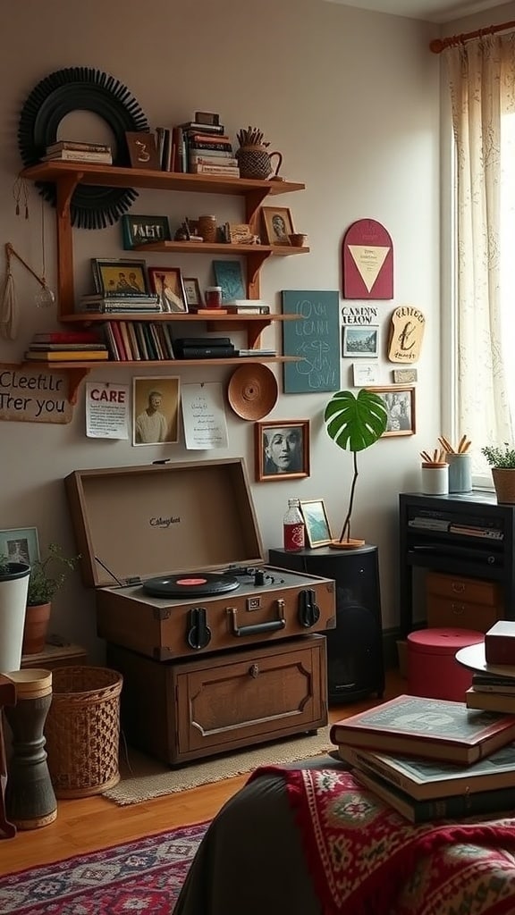 A cozy dorm room corner featuring a vintage record player, wooden shelves with books and plants, and warm decor elements.