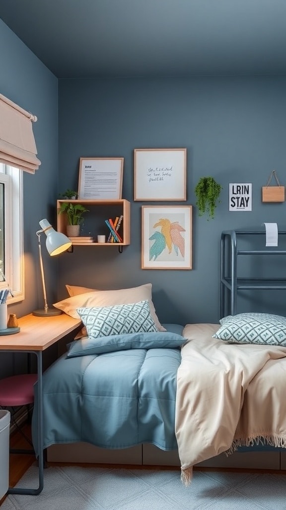 A cozy dorm room featuring slate blue walls, light bedding, and decorative accents.