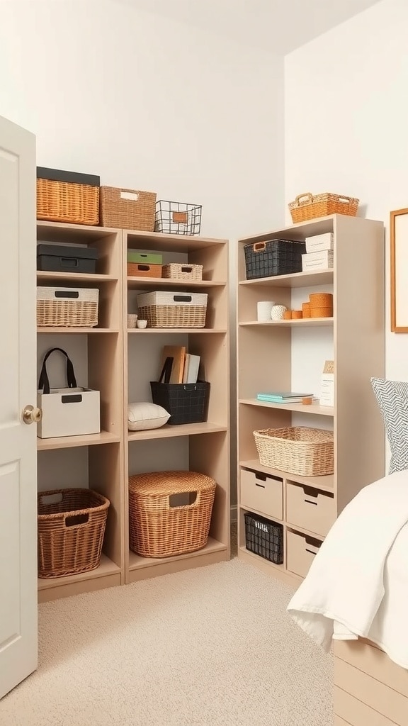 Stylish storage shelves in a dorm room with various baskets and boxes for organization.
