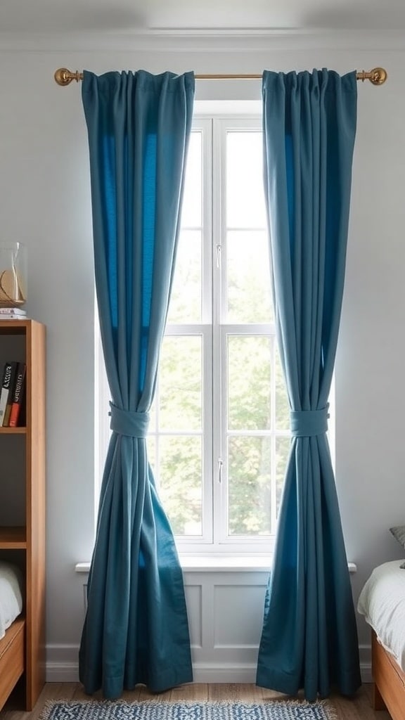 Slate blue curtains hanging by a window in a dorm room, providing privacy and style.