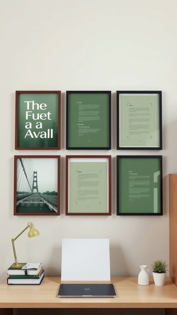 A collection of sage green wall art frames featuring text and images, arranged above a desk with a lamp and laptop.