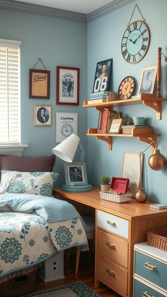 A cozy dorm room corner featuring dusty blue walls, vintage framed art, and a wooden desk.