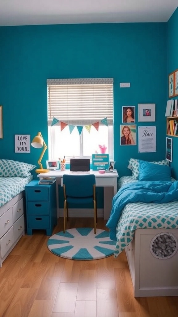 A stylish dorm room featuring peacock blue walls, two beds with matching bedding, a desk area, and decorative elements.