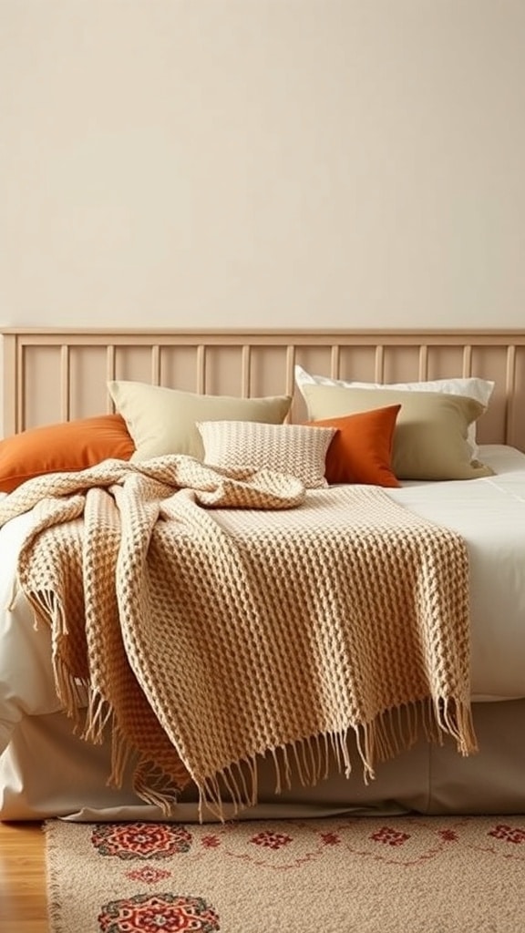 A cozy dorm room bed with a textured throw and colorful pillows.