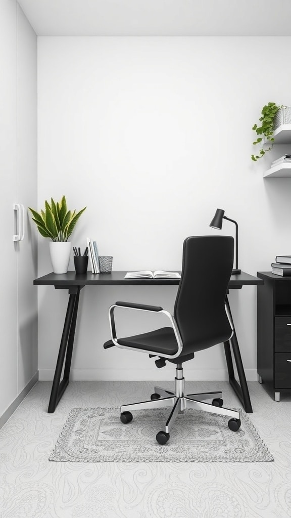 A modern black desk and chair in a bright dorm room with plants and decorative items.