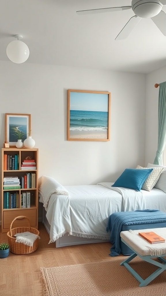 A cozy dorm room with ocean-inspired decor, featuring a bed with white linens and blue pillows, a bookshelf, and beach-themed artwork.
