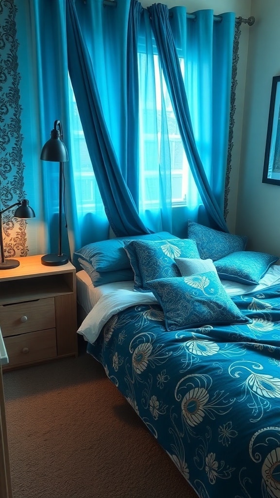A cozy dorm room featuring peacock blue curtains and bedding with intricate patterns.
