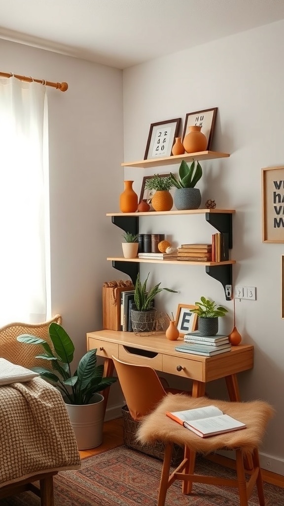 A cozy dorm room corner featuring vintage terracotta decor accents, including vases and plants on shelves.