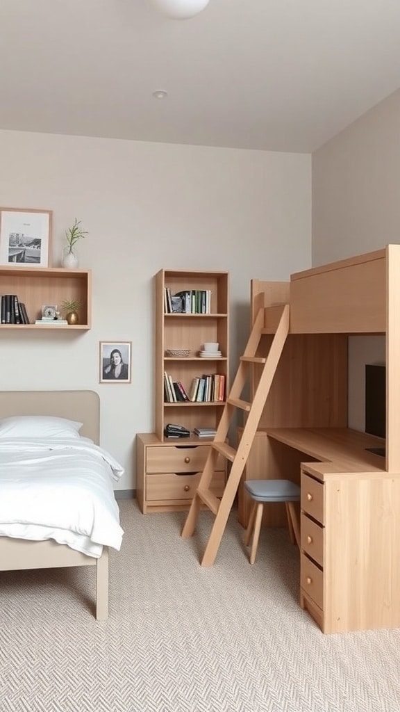 A cozy dorm room featuring taupe walls and functional furniture arrangement with a lofted bed, desk, and bookshelves.