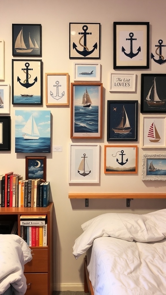 A wall decorated with various nautical-themed framed artworks, including sailboats and anchors, in a dorm room setting.