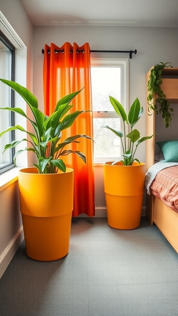 Two large mustard yellow planters with green plants in a dorm room setting