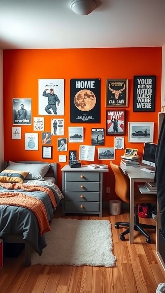 A dorm room featuring a vibrant orange accent wall decorated with framed posters, gray bedding, and a cozy rug.