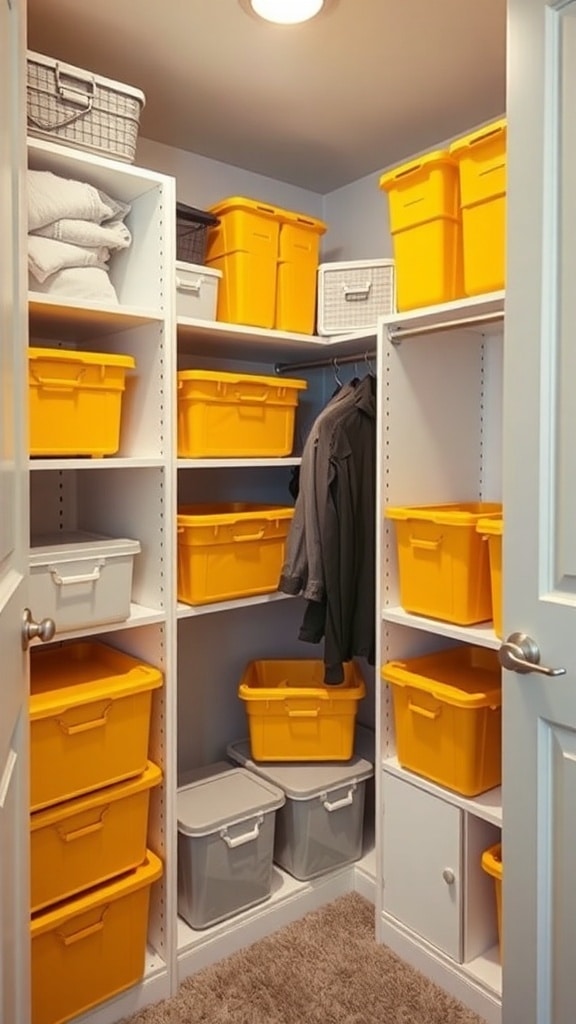 Organized closet with mustard yellow storage bins on shelves