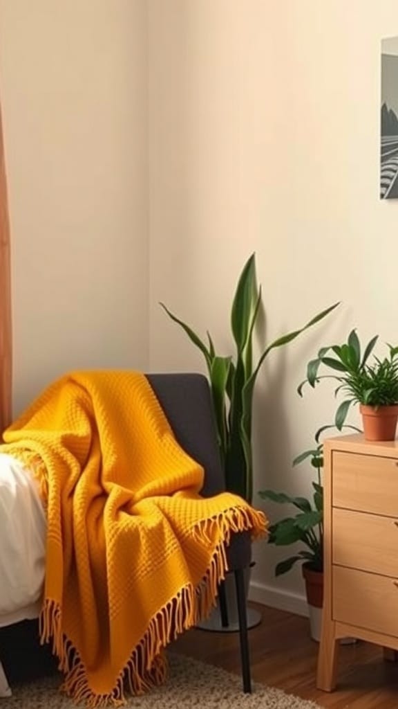 A mustard yellow throw blanket draped over a chair in a cozy dorm room setting.