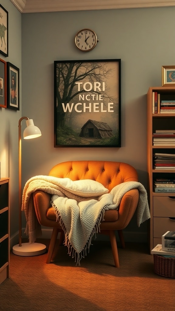 Cozy reading area with an orange chair, throw blanket, lamp, and bookshelves.